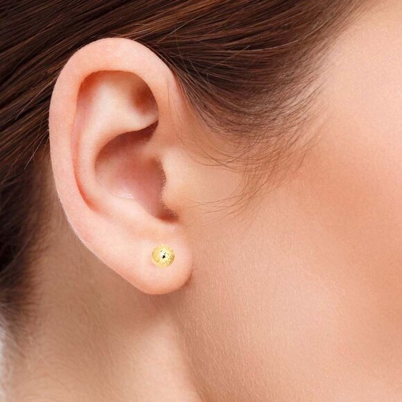 7 MM 14K Gold Diamond Crystal Cut Ball Stud Earrings for Women, Solid Gold Gift - Picture 4 of 6